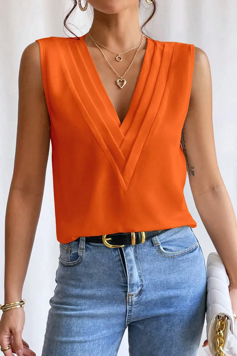 Elegant Simplicity Solid Fold V Neck Tops