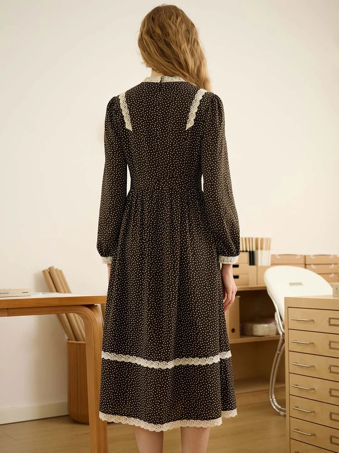 Elizabeth Mock Neck Lantern Sleeves Lace Contrast Printed Dress