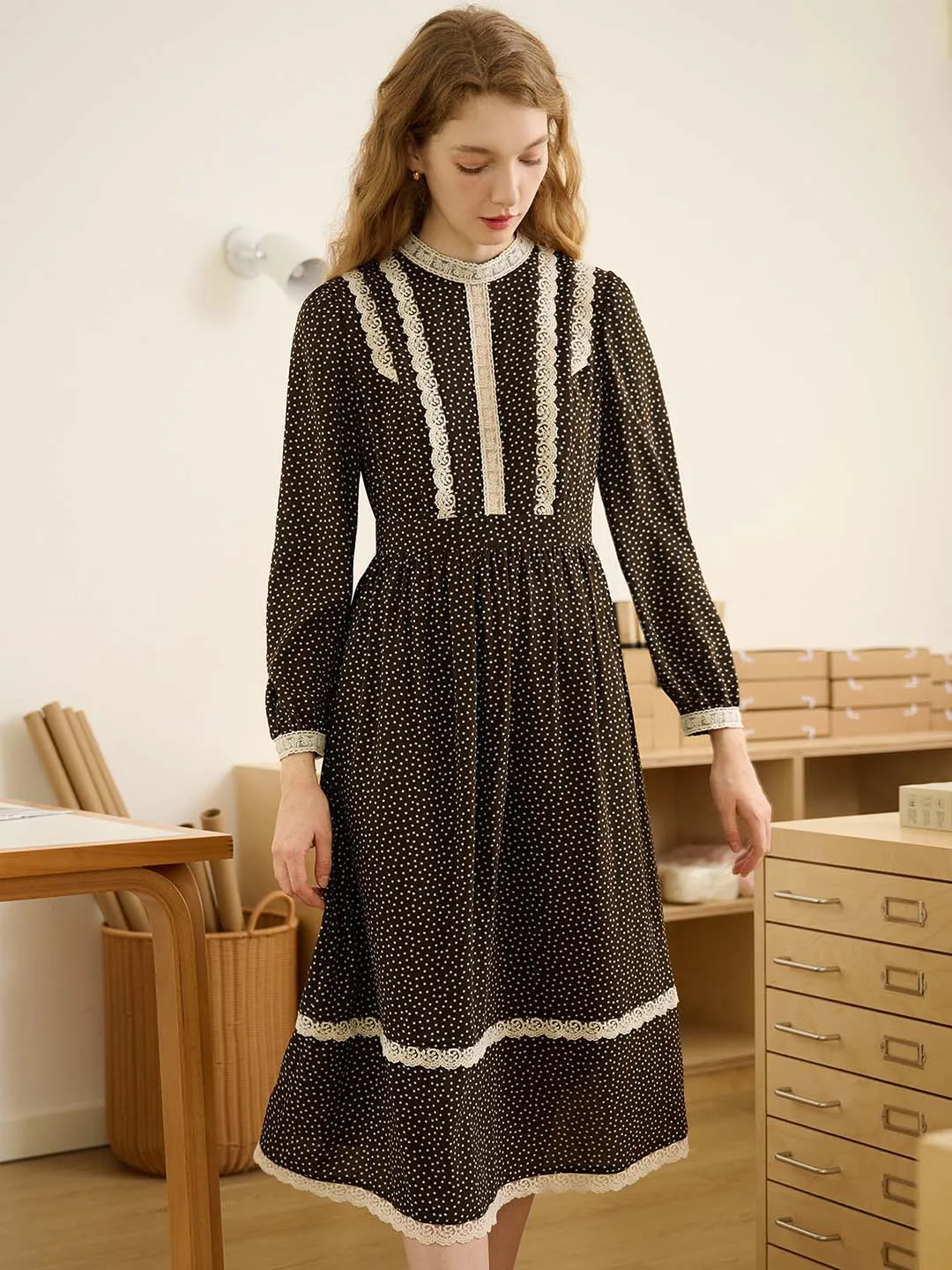 Elizabeth Mock Neck Lantern Sleeves Lace Contrast Printed Dress