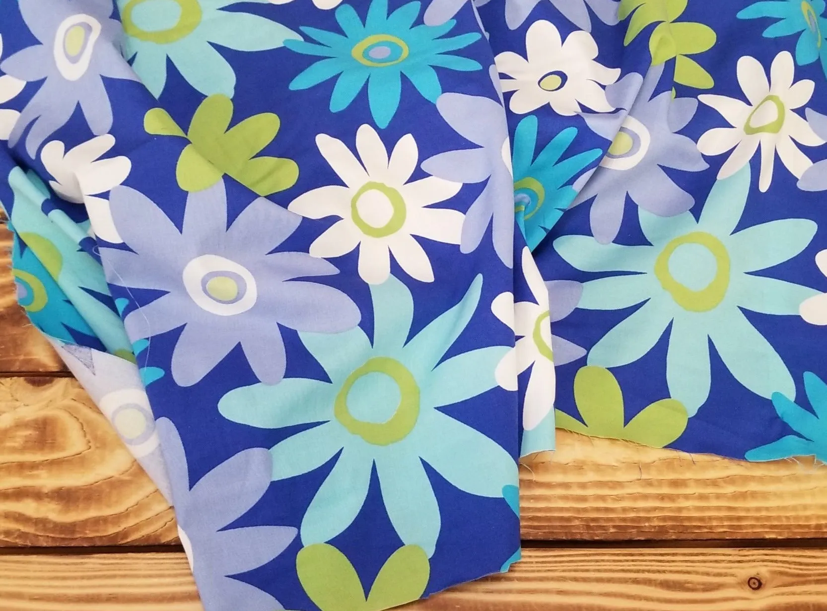 End of Bolt: 2-1/4th yards of Designer Deadstock Retro Flower Power Blue Cotton Spandex Poplin Woven- remnant