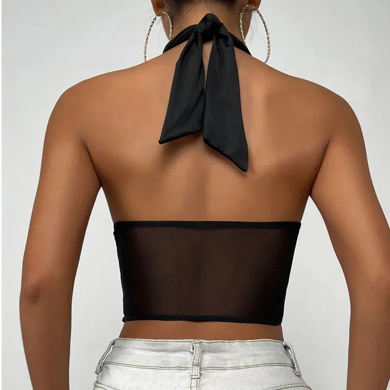 Fashion Sexy Hollow Tie-Up Halter Sleeveless Backless See-Through Mesh Stylish Elegant Trendy Crop Top