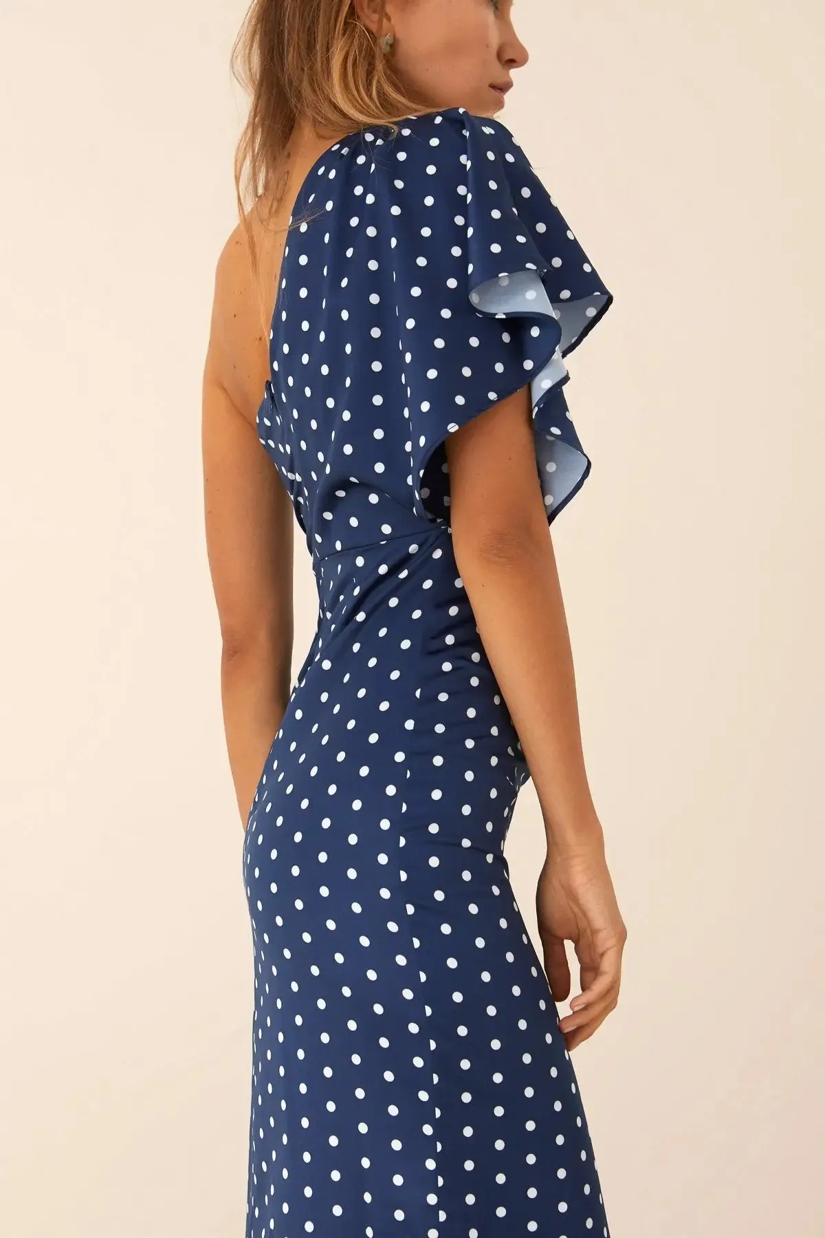 Francine Midi Dress in Navy Polka Dot