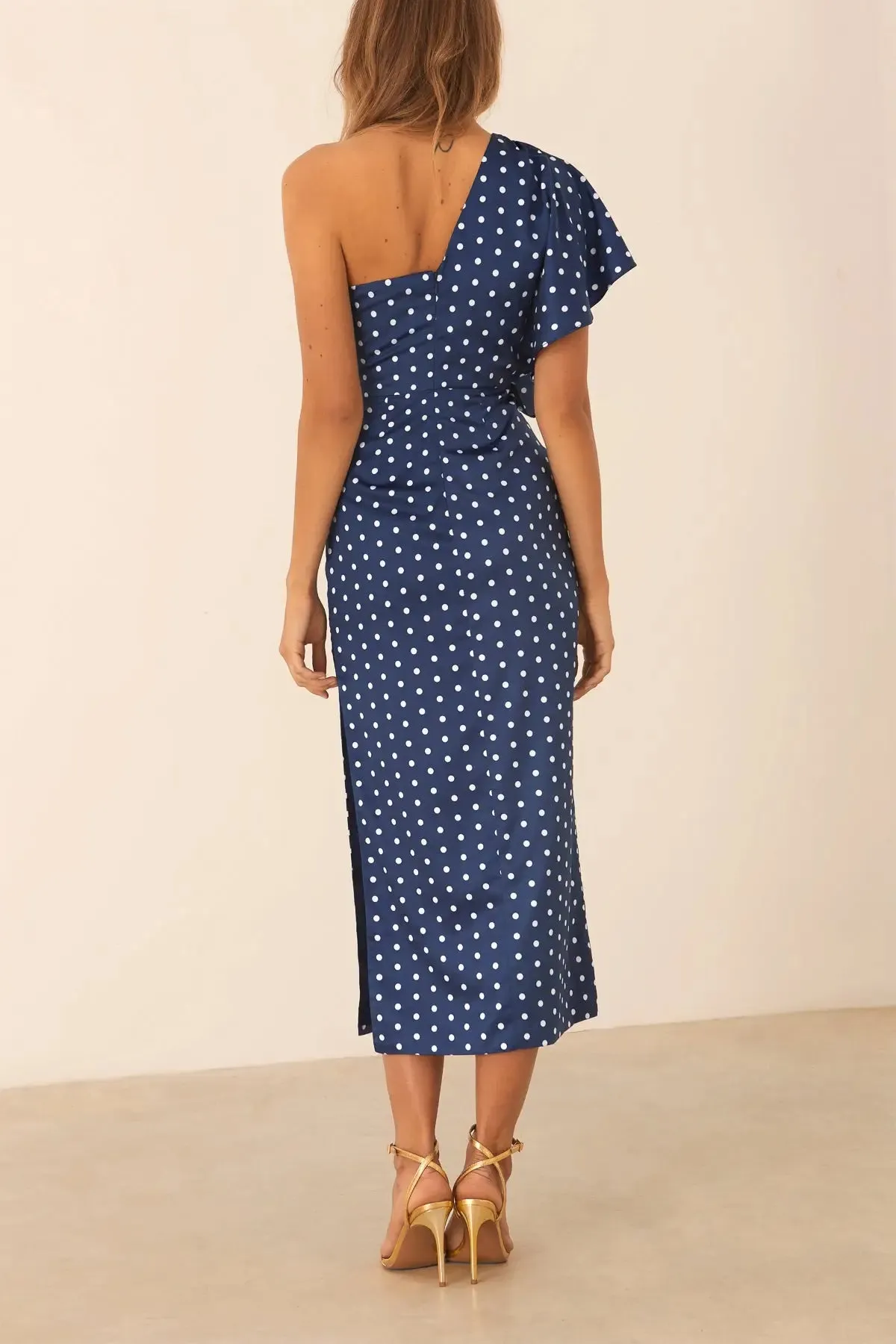 Francine Midi Dress in Navy Polka Dot