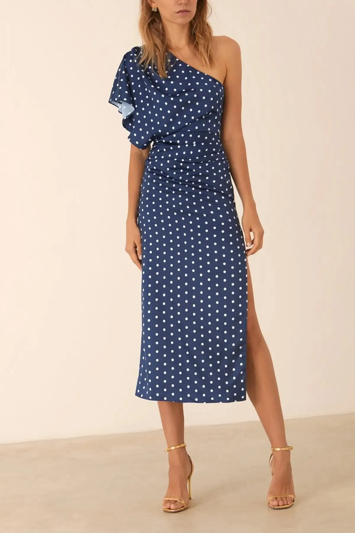 Francine Midi Dress in Navy Polka Dot