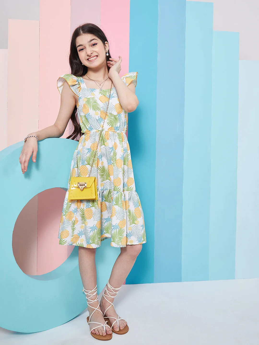 Girls Floral Print Square Neck Flutter Sleeves Fit Flare Dress - PS Peaches