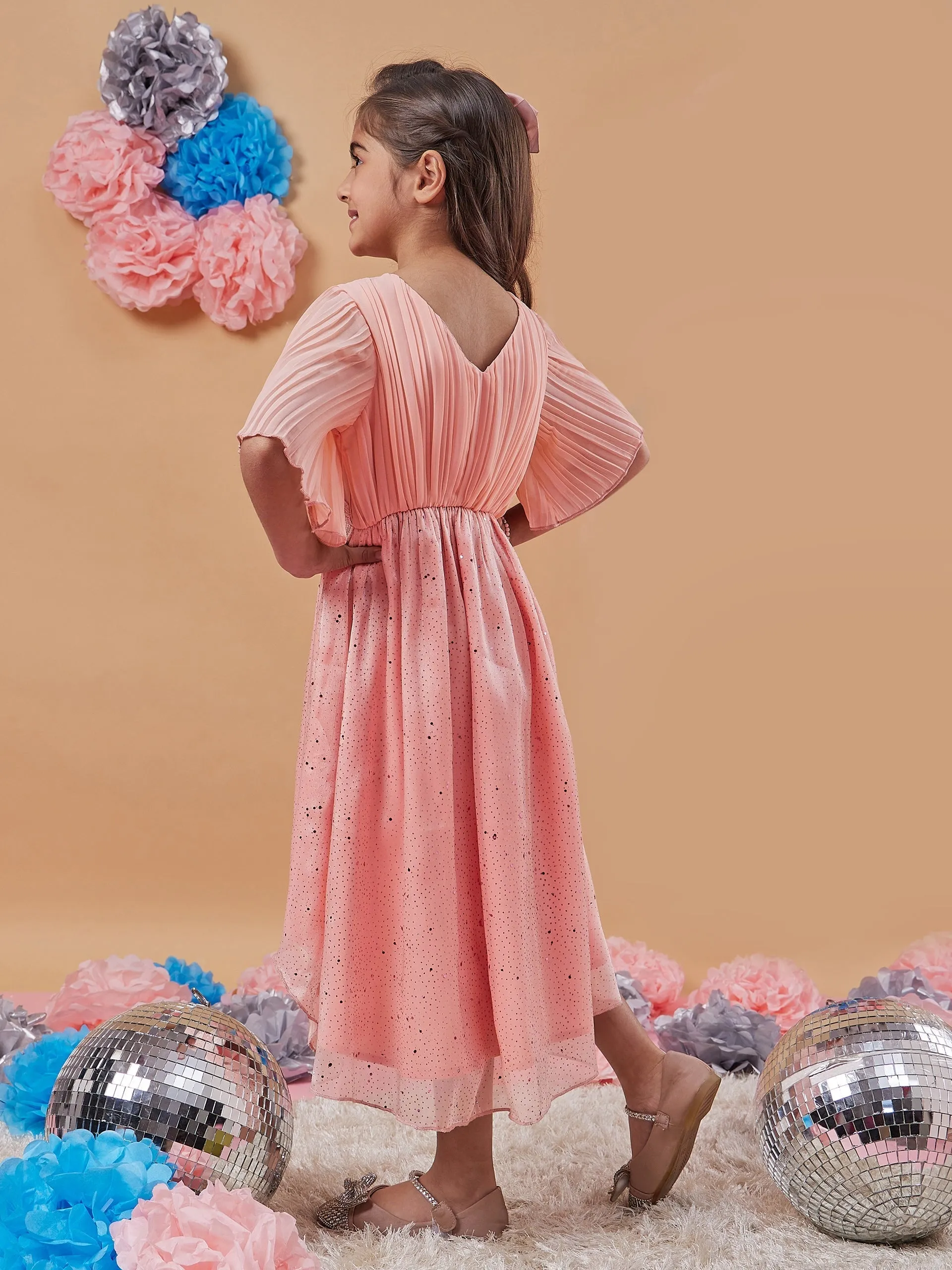 Girls V-Neck Floral Print Flared Sleeve A-Line Dress - PS Peaches