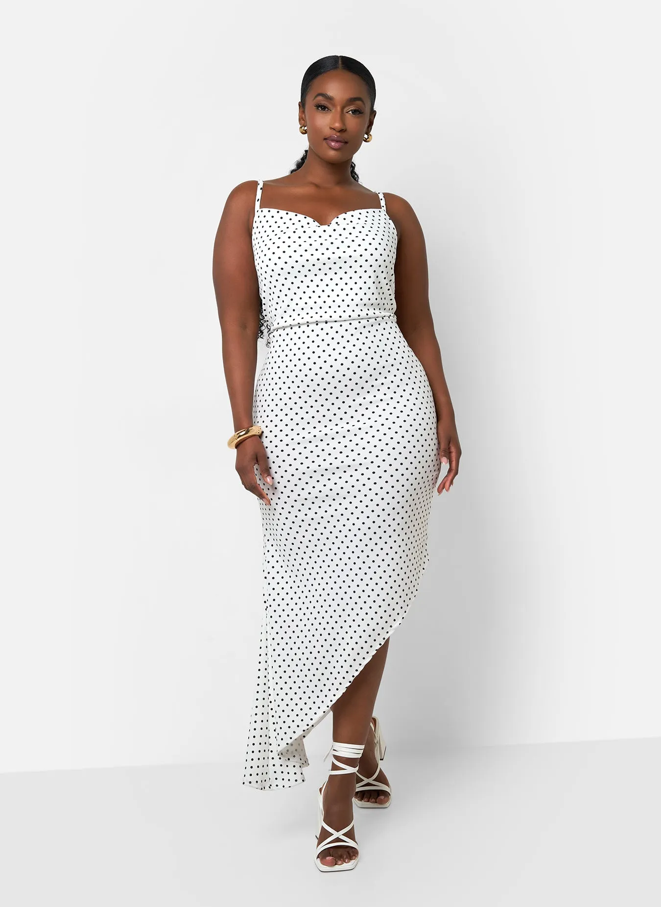 Gloria Polka Dot Cowl Neck Midi Bodycon Dress - White & Black