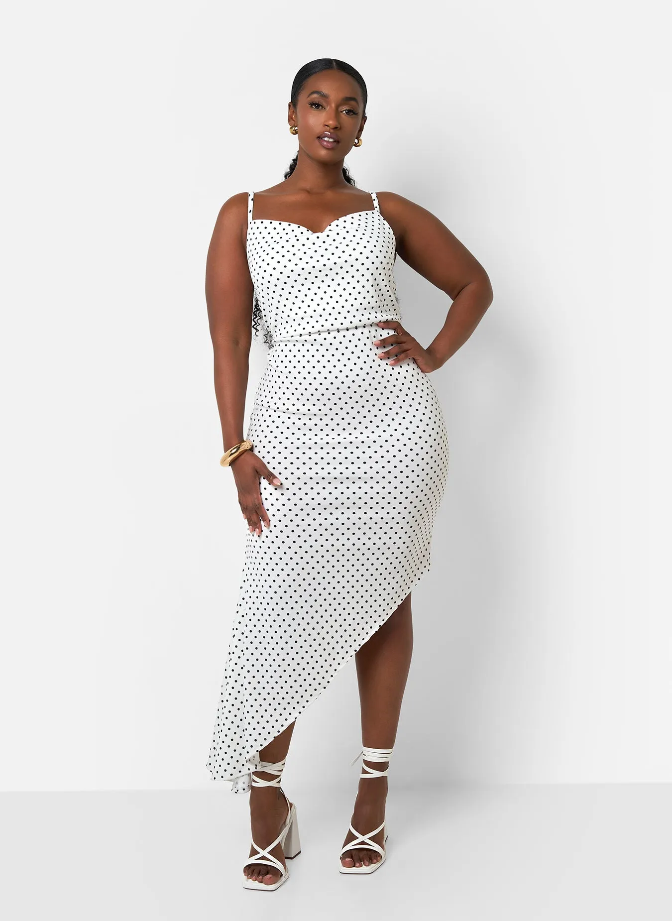 Gloria Polka Dot Cowl Neck Midi Bodycon Dress - White & Black