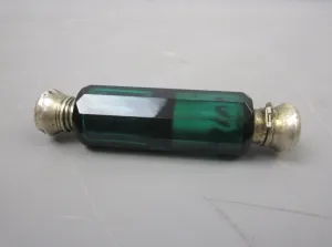 Green Glass & Silver Topped Double Ended Scent Bottle Antique Victorian c1890