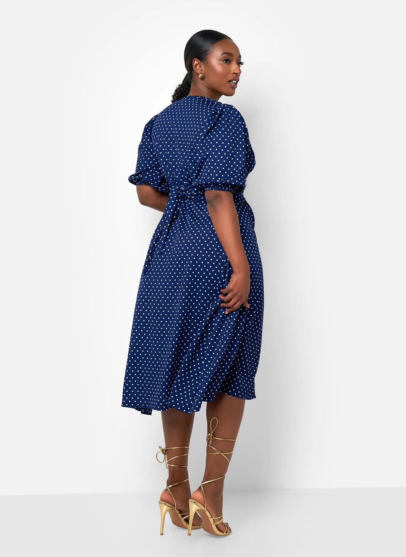 Hannah Polka Dot Button Front Midi A Line Dress - Navy & White