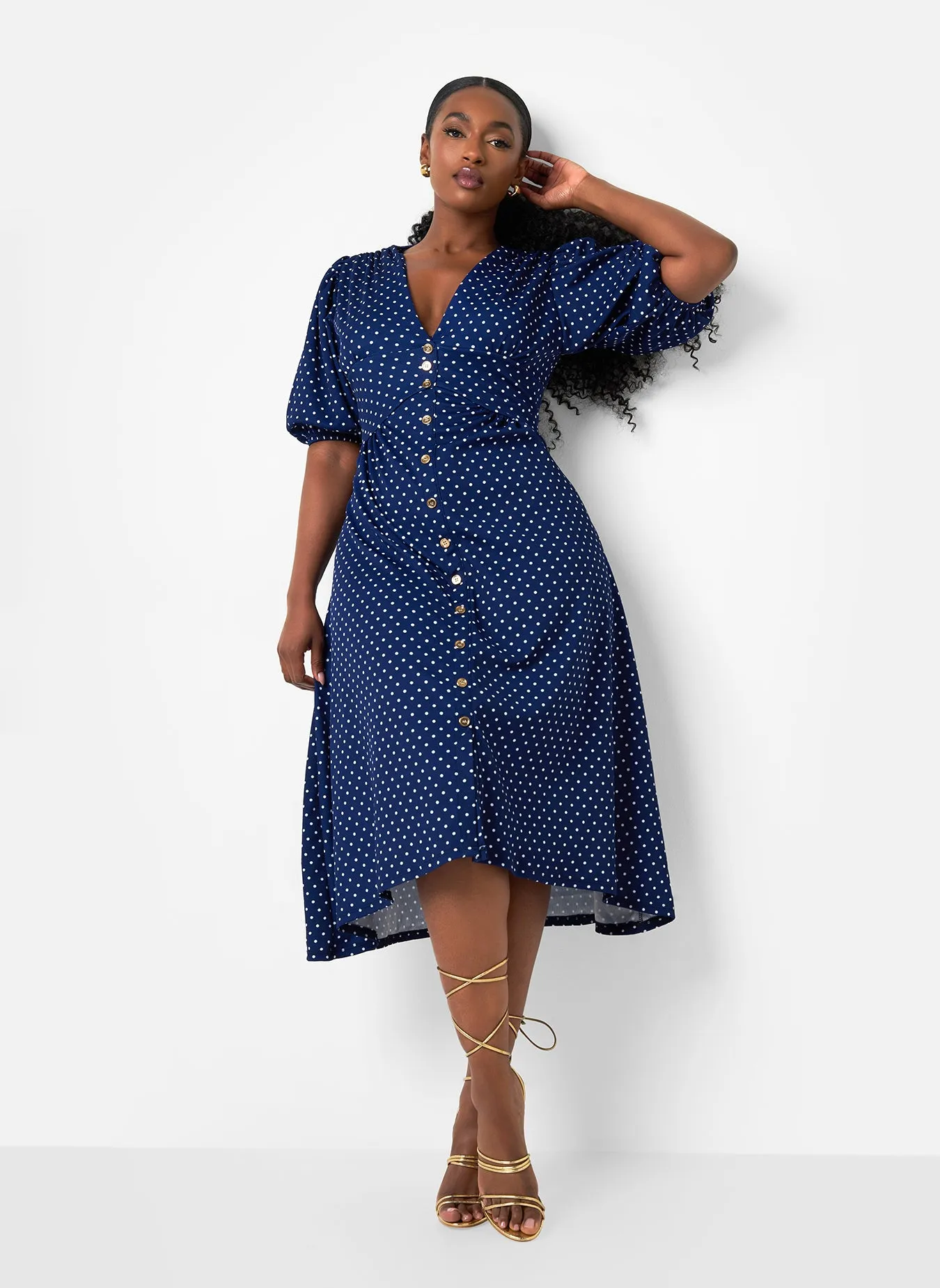 Hannah Polka Dot Button Front Midi A Line Dress - Navy & White