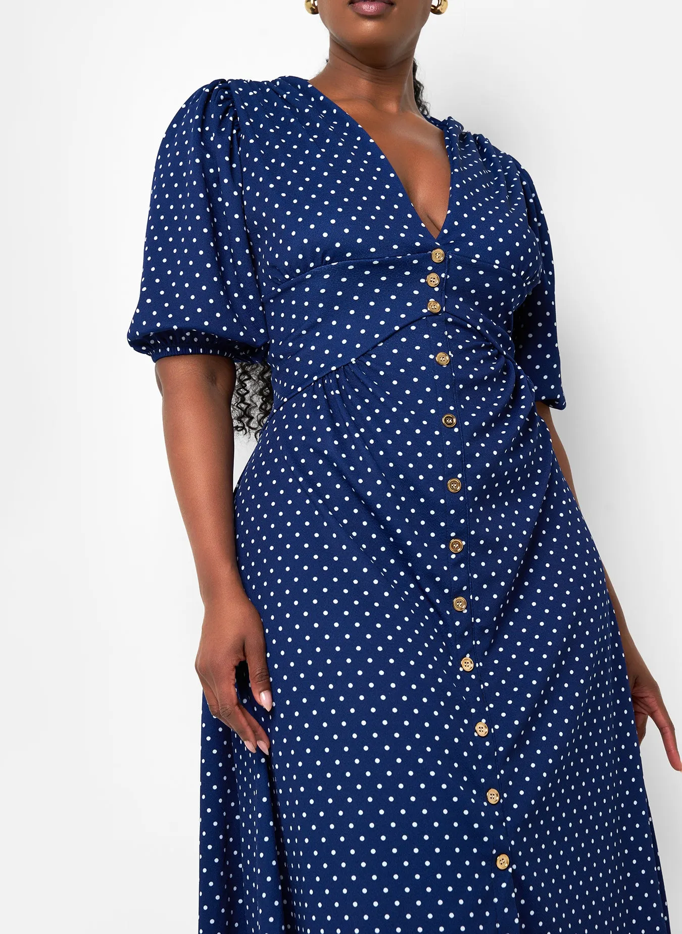 Hannah Polka Dot Button Front Midi A Line Dress - Navy & White