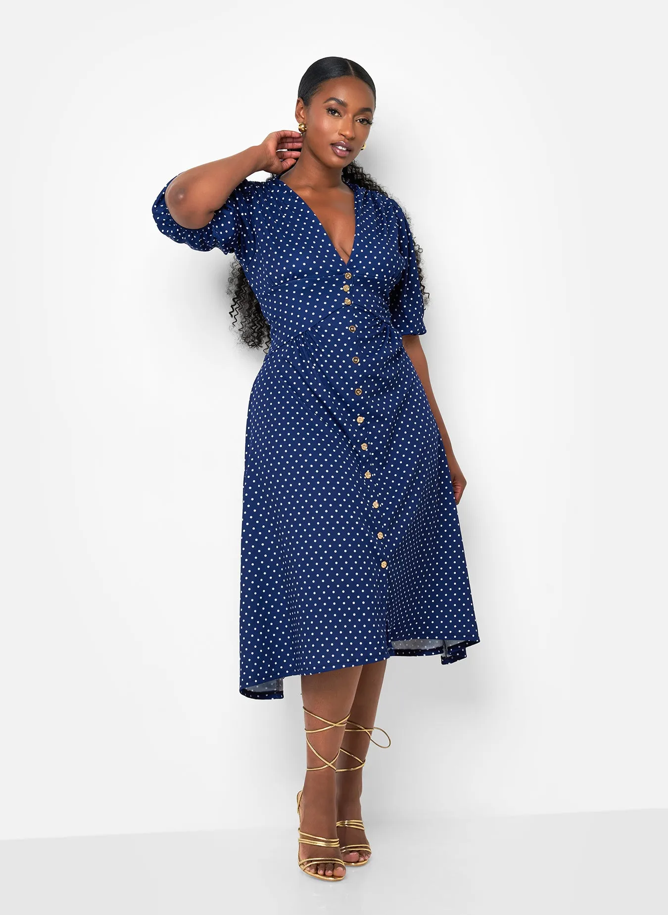 Hannah Polka Dot Button Front Midi A Line Dress - Navy & White