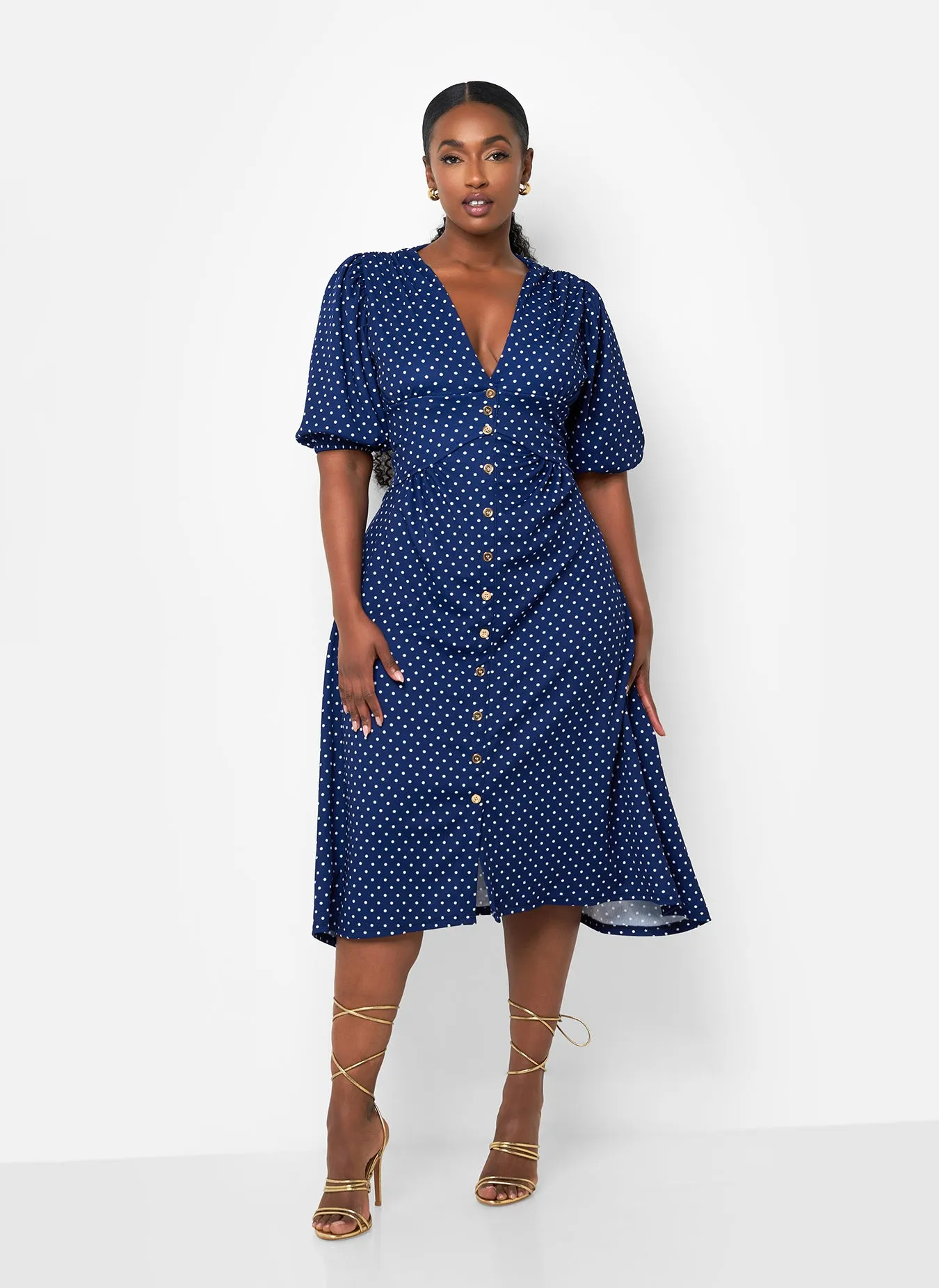 Hannah Polka Dot Button Front Midi A Line Dress - Navy & White