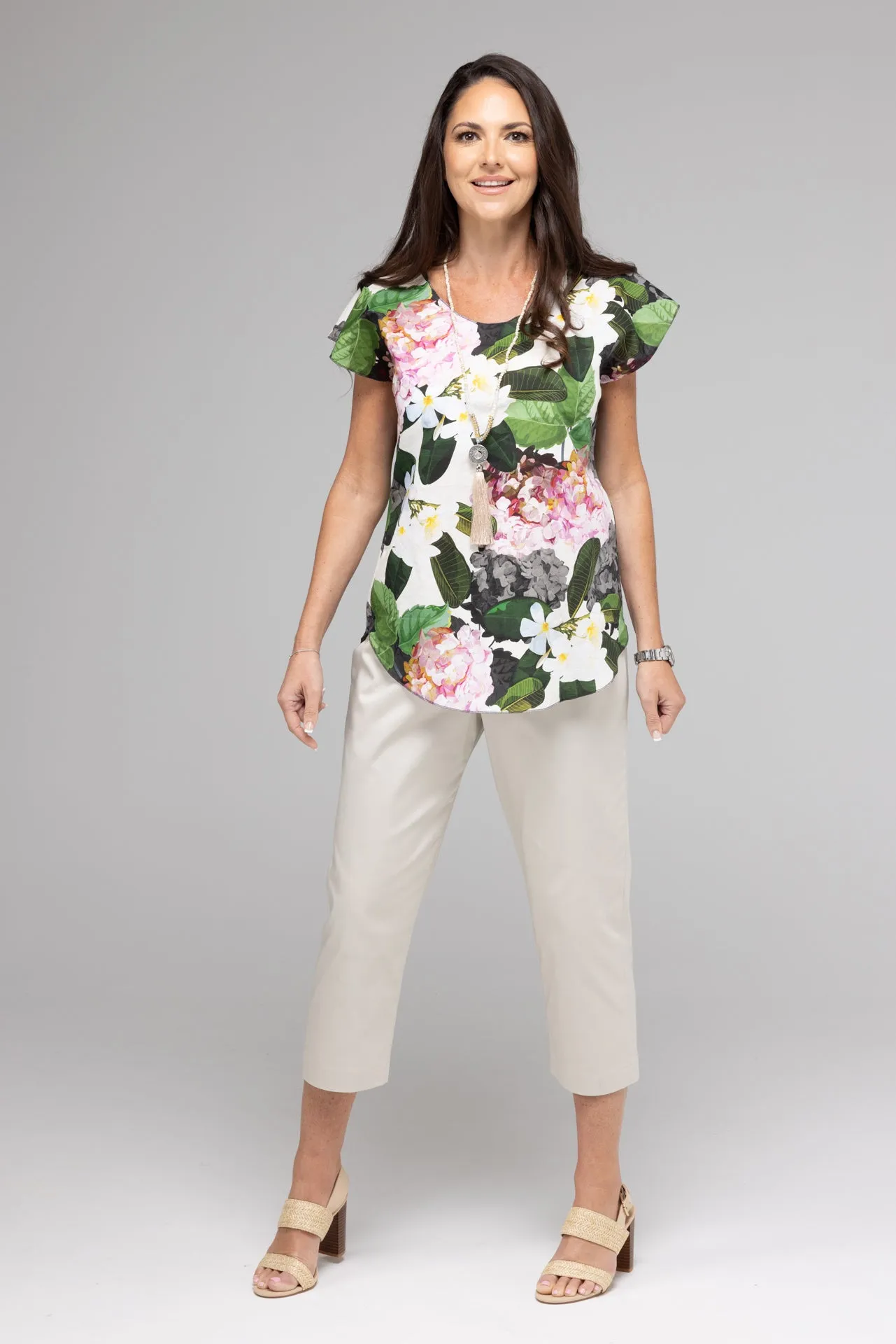 Hydrangea Print Short Sleeve Linen and Silk Top