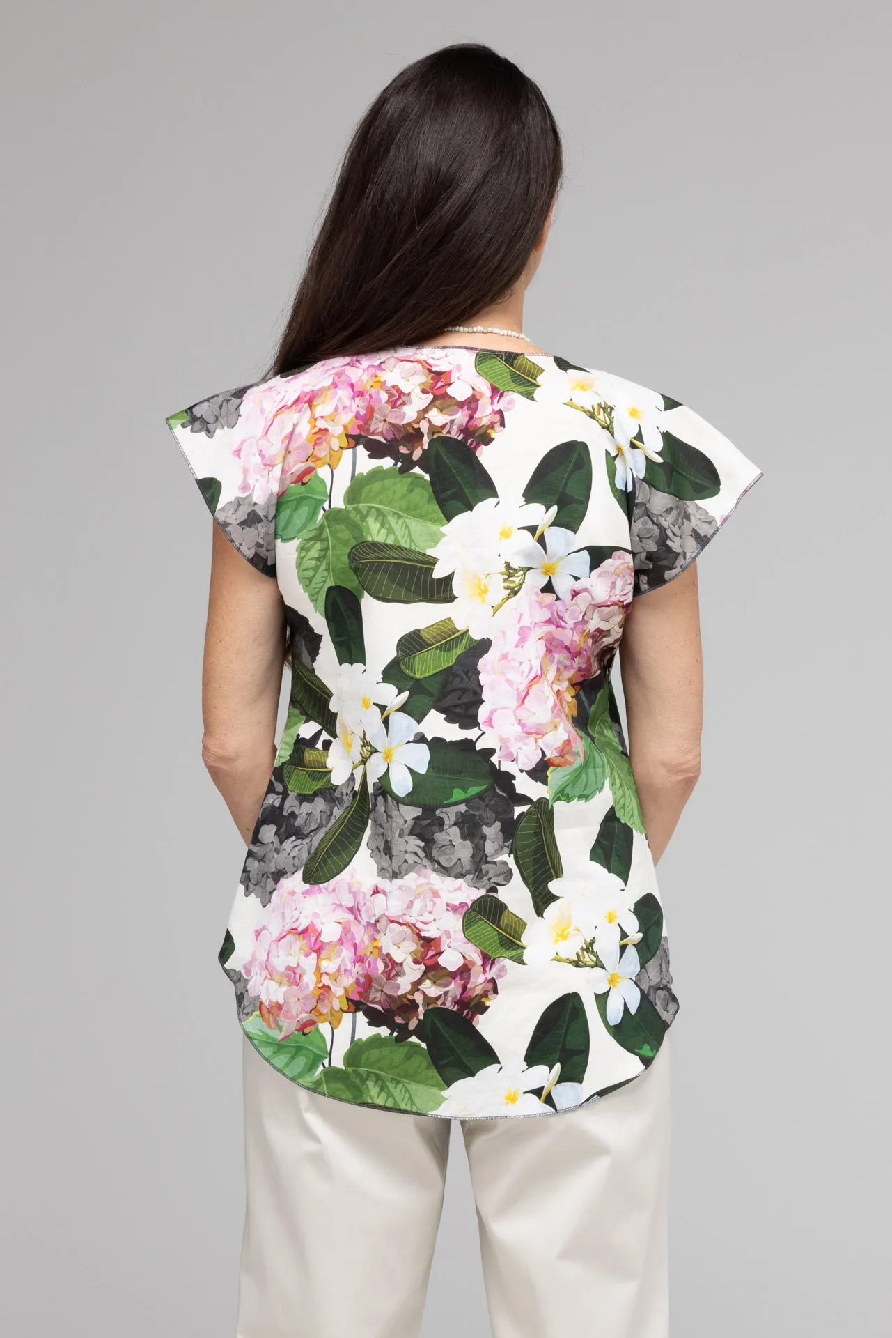 Hydrangea Print Short Sleeve Linen and Silk Top