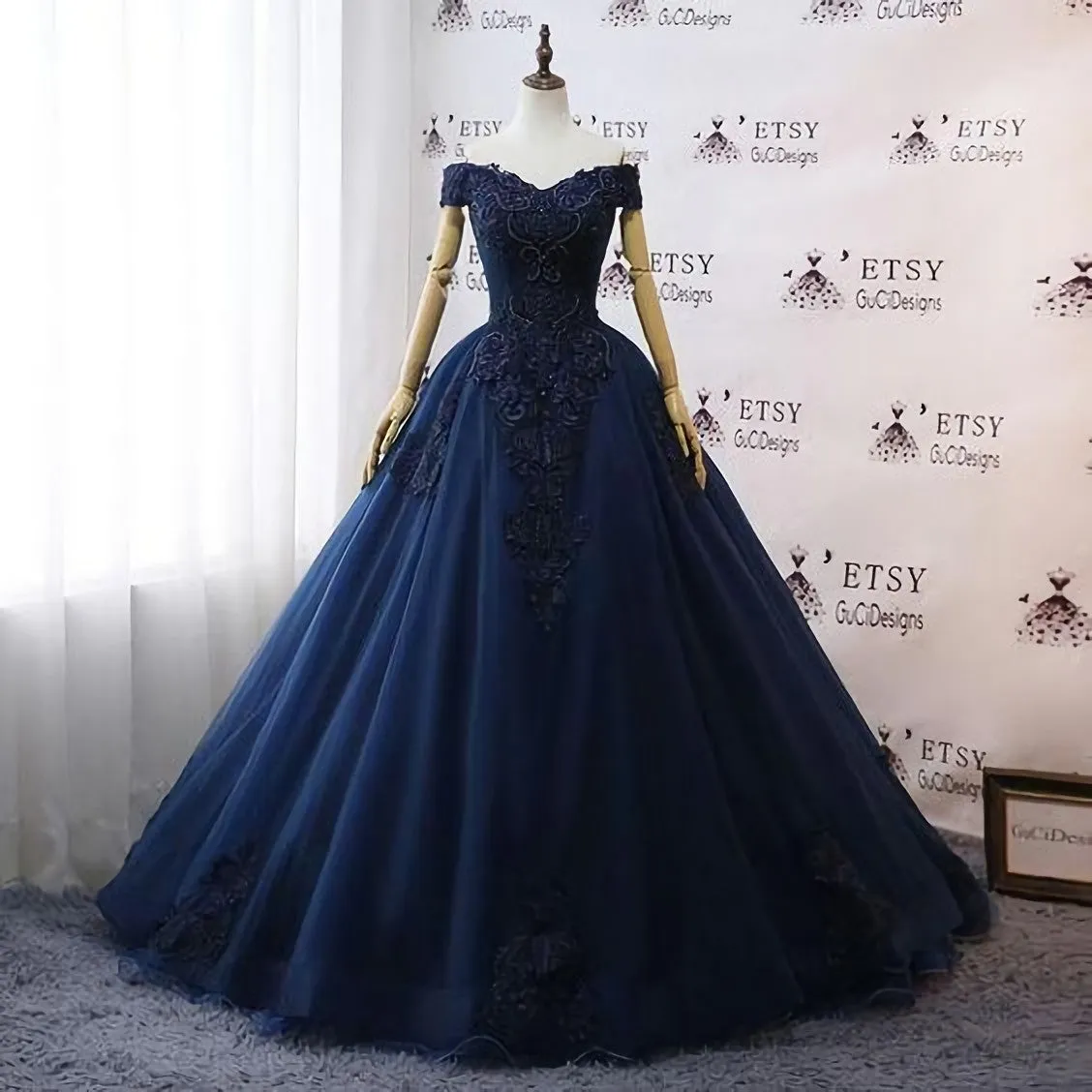 kamahe Prom Dresses, Navy Blue Wedding Dresses, Floral Lace Ball Gown Off Shoulder Evening Dress