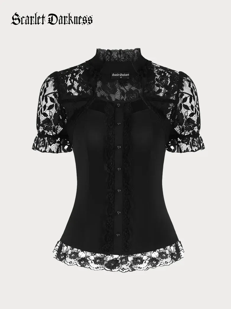 Lace Patchwork Button Decorated Stand Collar Tops