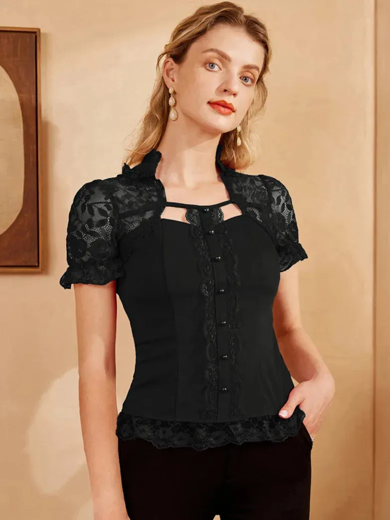 Lace Patchwork Button Decorated Stand Collar Tops