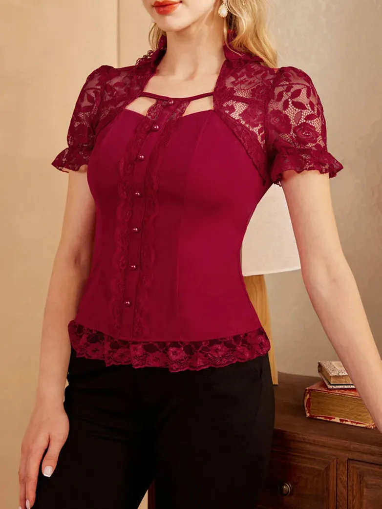 Lace Patchwork Button Decorated Stand Collar Tops