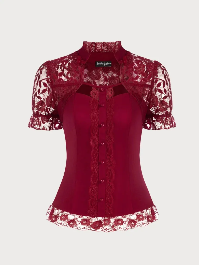 Lace Patchwork Button Decorated Stand Collar Tops