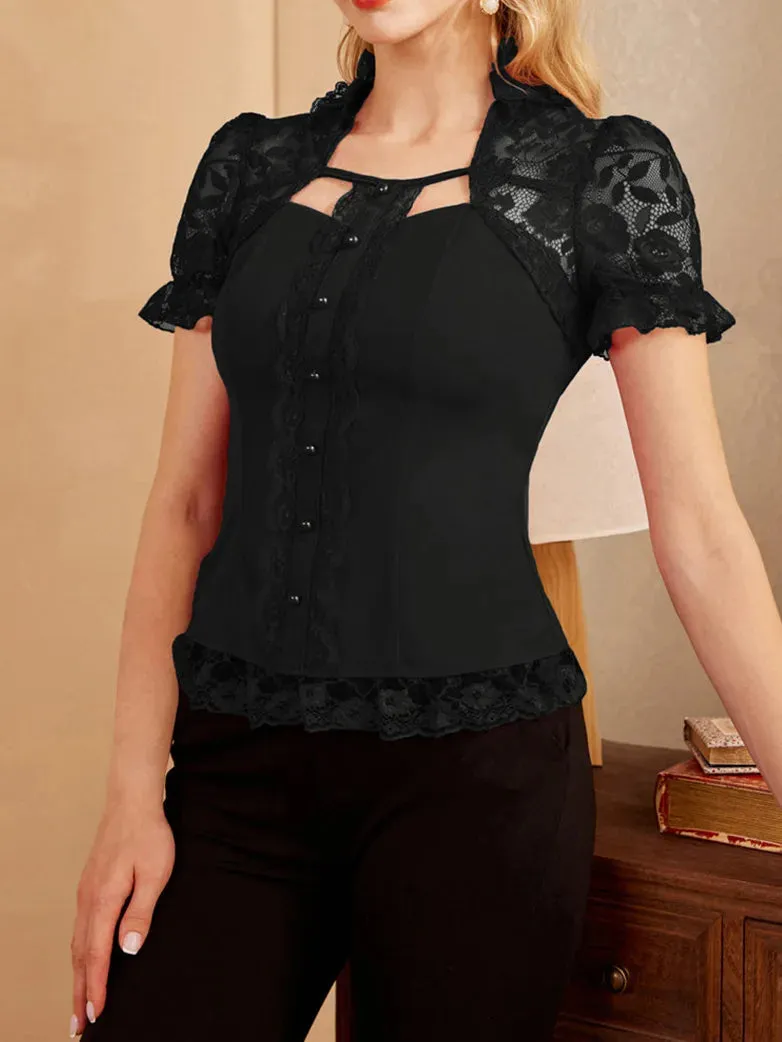 Lace Patchwork Button Decorated Stand Collar Tops