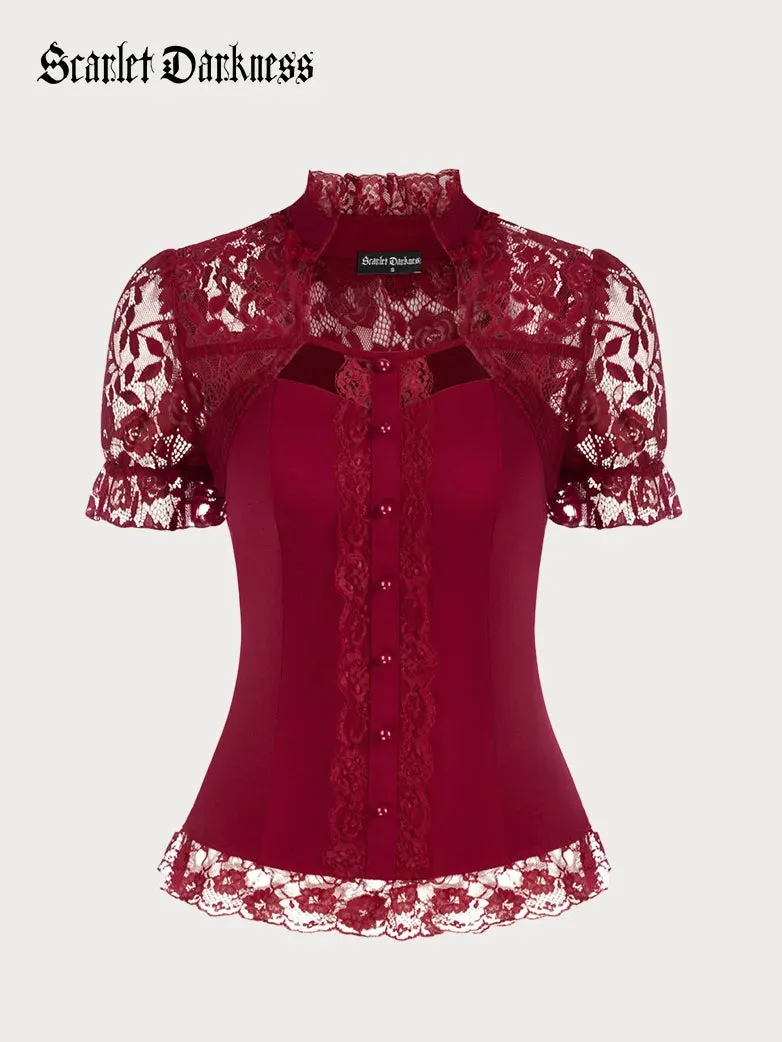 Lace Patchwork Button Decorated Stand Collar Tops