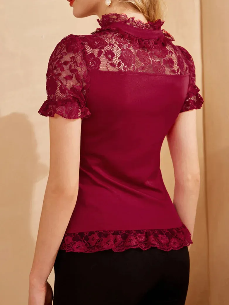 Lace Patchwork Button Decorated Stand Collar Tops