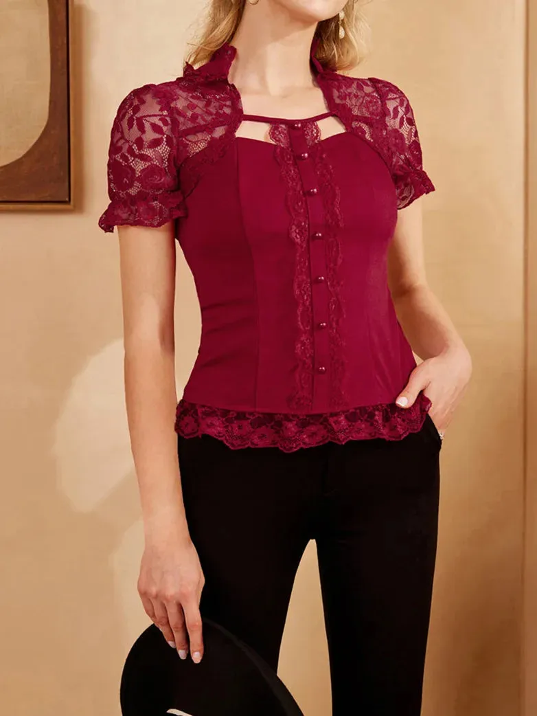 Lace Patchwork Button Decorated Stand Collar Tops