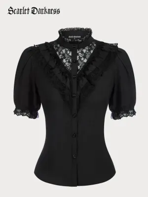 Lace Patchwork Puffed Stand Collar Lace up Tops