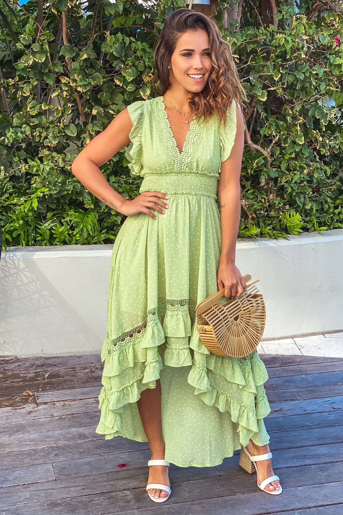 Light Green Polka Dot High Low Dress with Ruffles