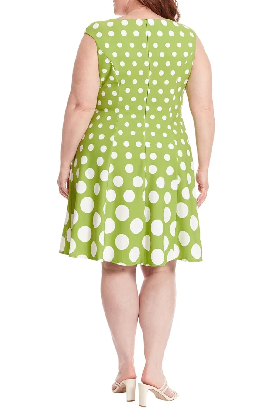 London Times Crew Neck Cap Sleeve Box Pleated Polka Dot Print Jersey Dress