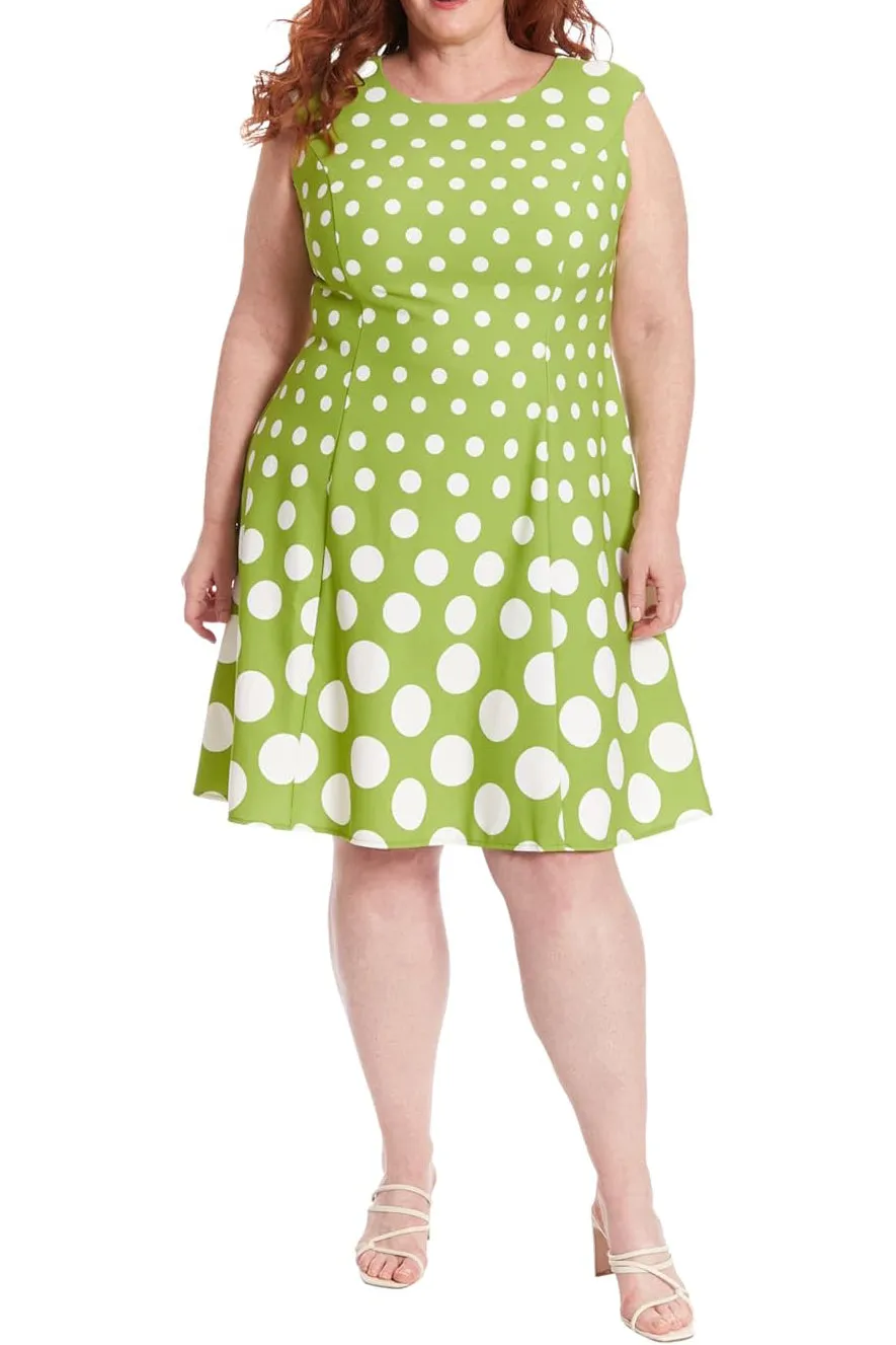 London Times Crew Neck Cap Sleeve Box Pleated Polka Dot Print Jersey Dress