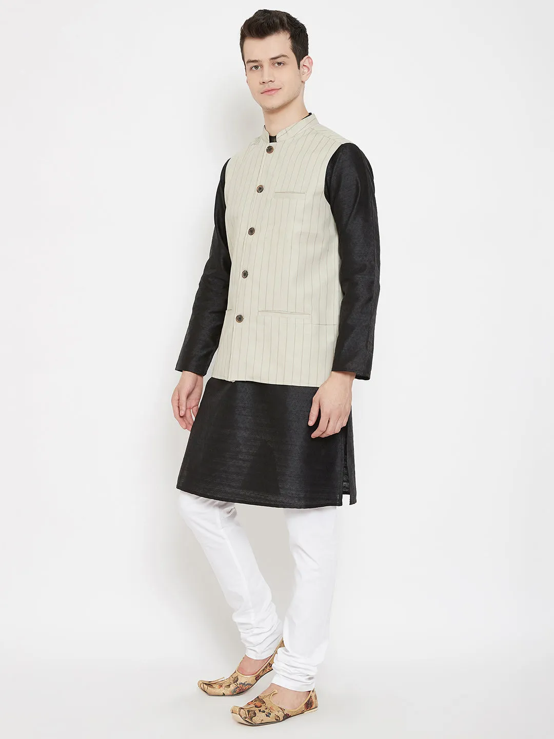 Men's Striped Beige Linen Nehru Jacket - Even Apparels