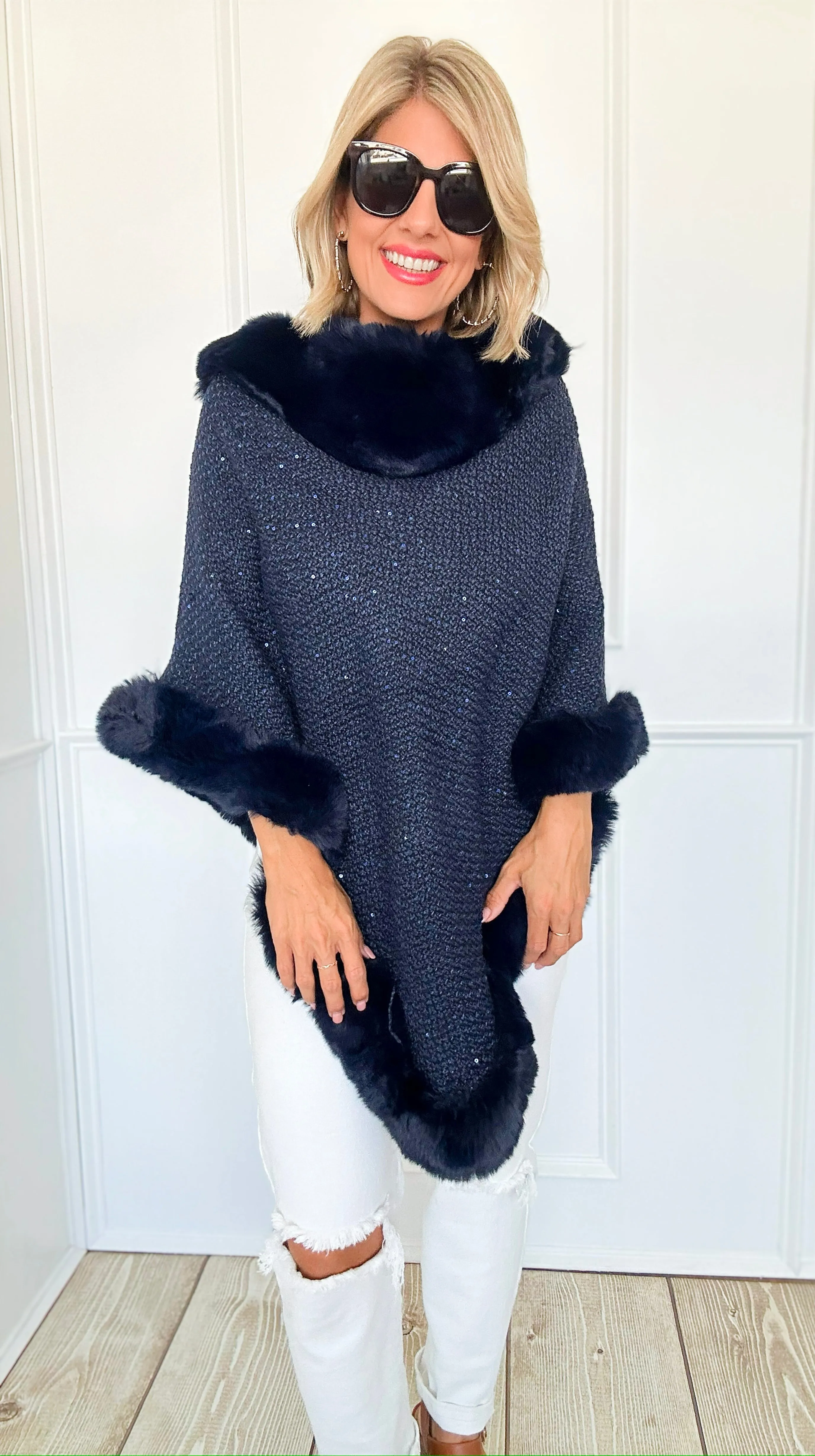 Midnight Glam Faux Fur Poncho - Navy