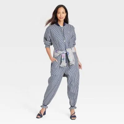 New - Houston White Adult Denim Flight Suit - Blue Striped L