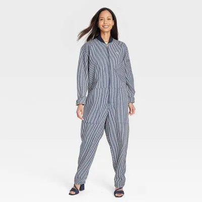 New - Houston White Adult Denim Flight Suit - Blue Striped L