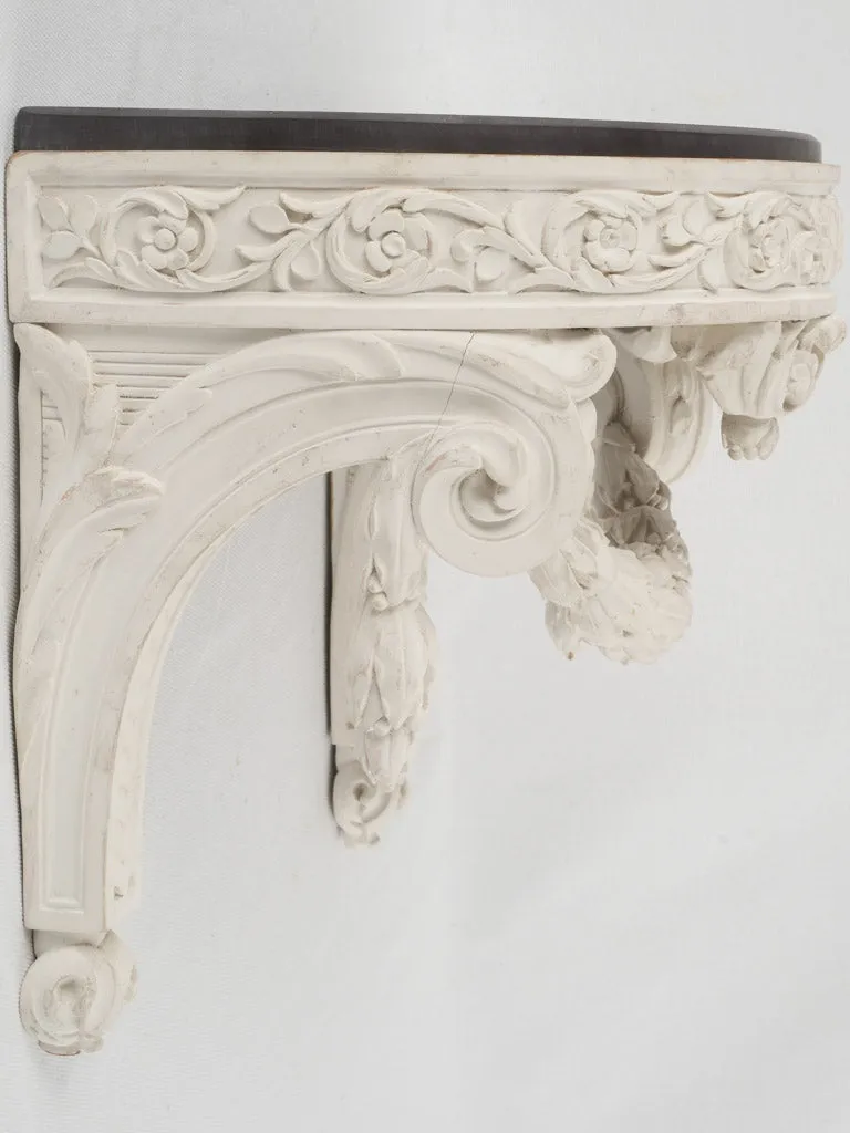 Pair of white Edwardian wall brackets w/ carved garlands & slate tops 12¼"