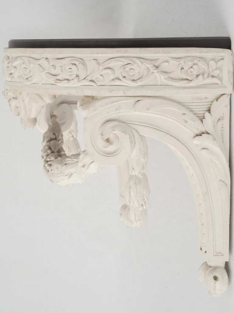 Pair of white Edwardian wall brackets w/ carved garlands & slate tops 12¼"