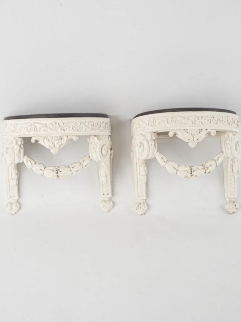 Pair of white Edwardian wall brackets w/ carved garlands & slate tops 12¼"