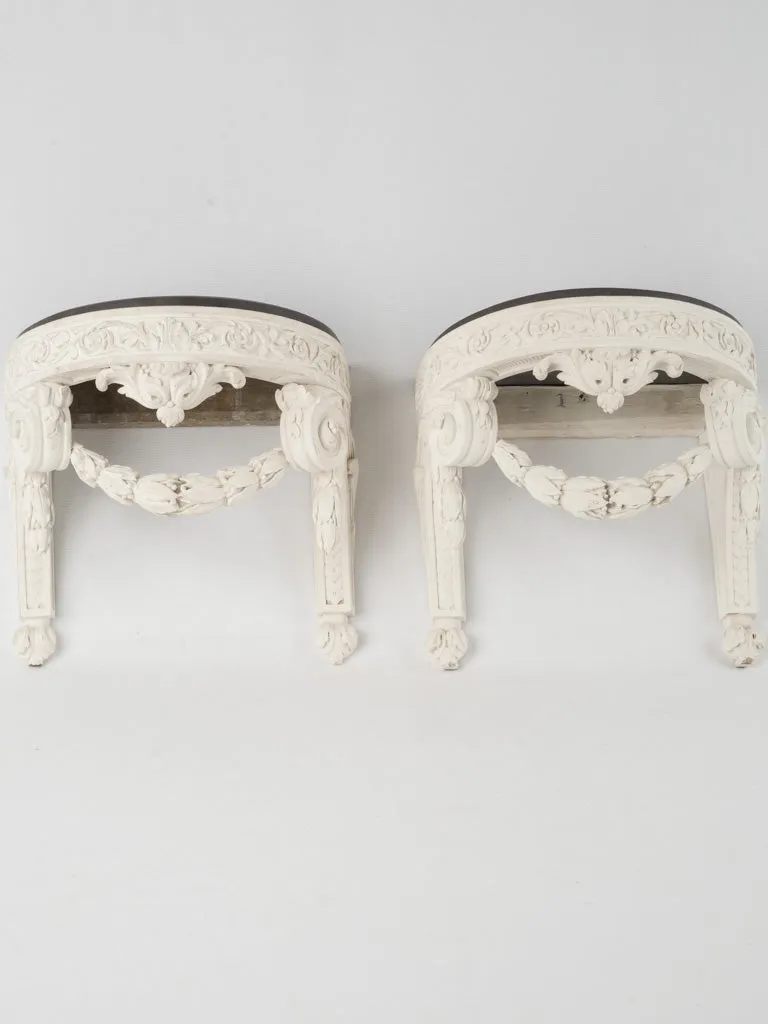 Pair of white Edwardian wall brackets w/ carved garlands & slate tops 12¼"