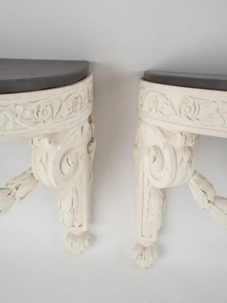 Pair of white Edwardian wall brackets w/ carved garlands & slate tops 12¼"