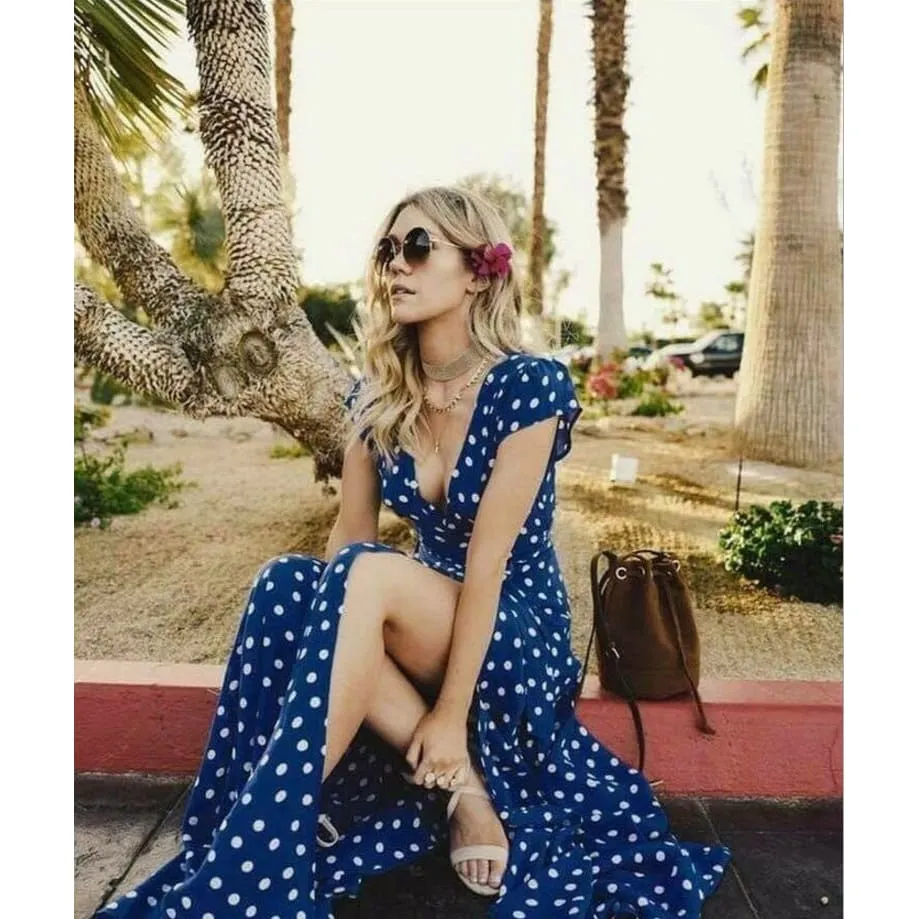 Plunging Neck Side Split Short Sleeve Polka Dot Print Maxi Long Dress