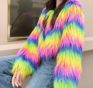 Rainbow Cropped Shaggy Faux Fur Jacket