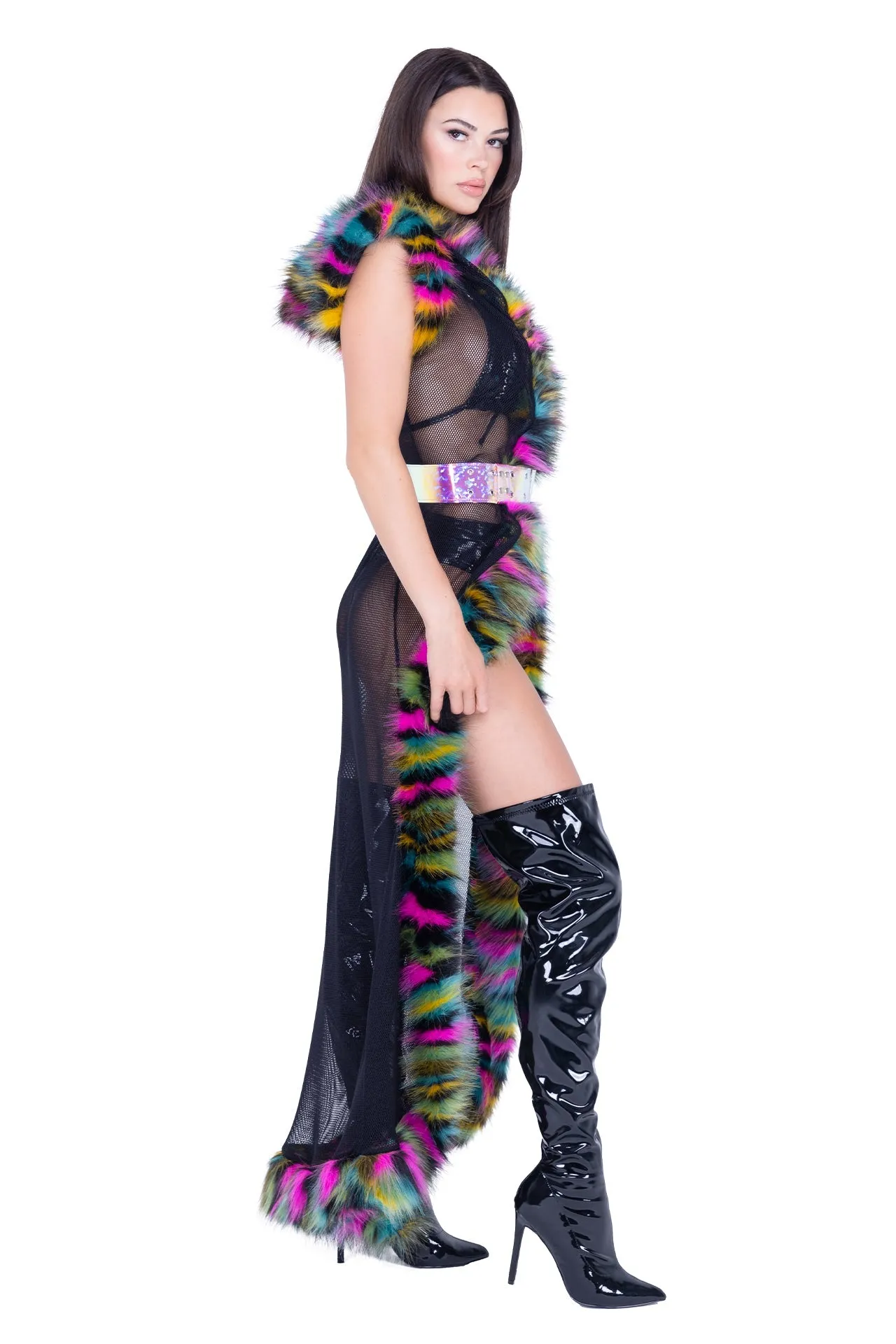 Rave FR156 - Fur Trimmed Fishnet Duster with Belt - J. Valentine