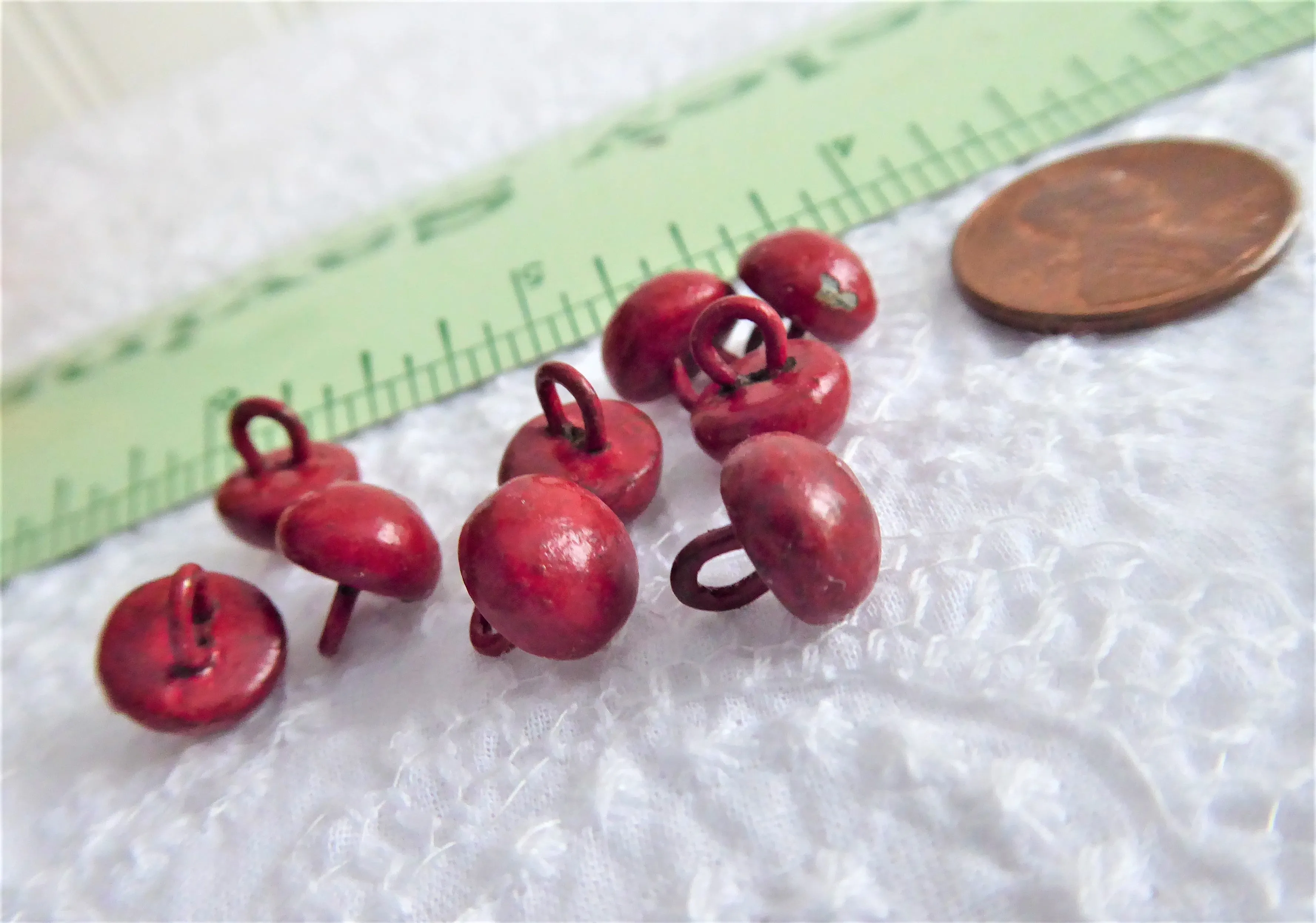 Red Shoe Buttons 9 Glove Buttons Painted Shanks 1800s Buttons Victorian