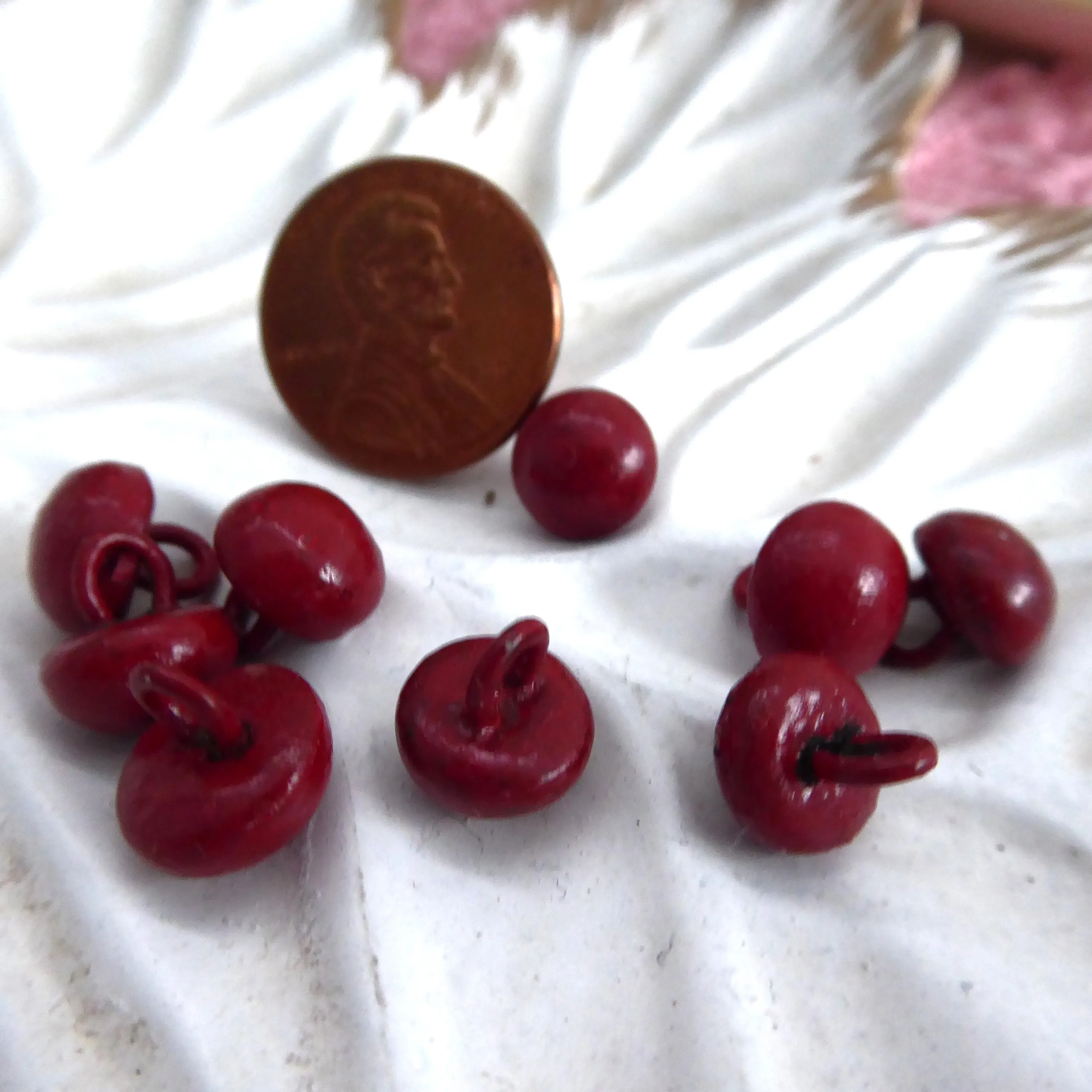 Red Shoe Buttons 9 Glove Buttons Painted Shanks 1800s Buttons Victorian