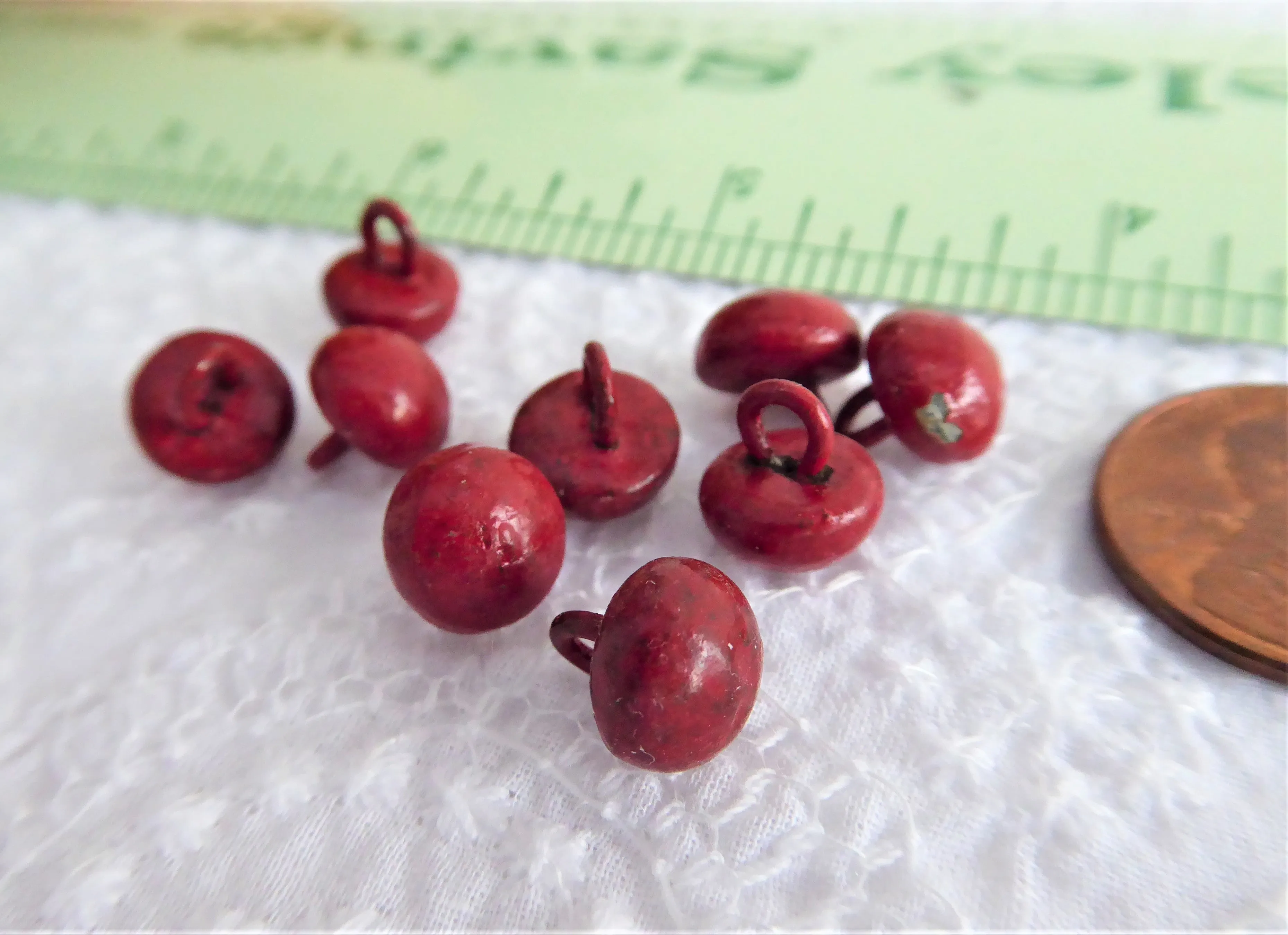 Red Shoe Buttons 9 Glove Buttons Painted Shanks 1800s Buttons Victorian