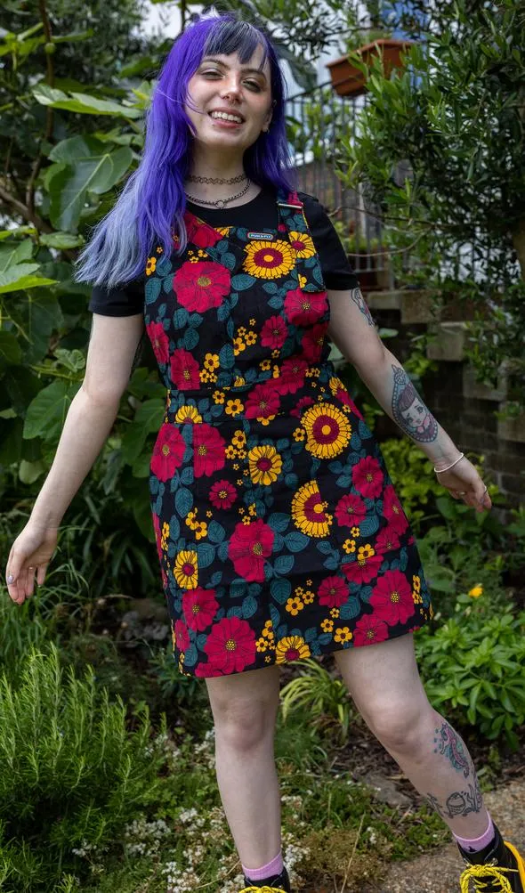 Retro Floral Print Stretch Corduroy Pinafore Dress