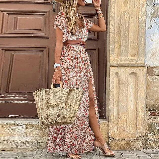 Retro Maxi Dress Women V Neck Short Sleeve Dress Female Floral Print Belt Beach Holiday Long Split Dresses Ladies Elegant Robe